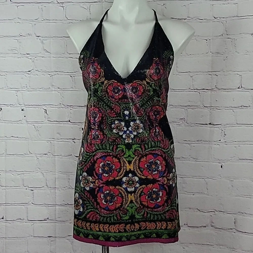 Free People Tangier Floral Boho-chic Sequins Sleeveless Mini Dress. Size XS